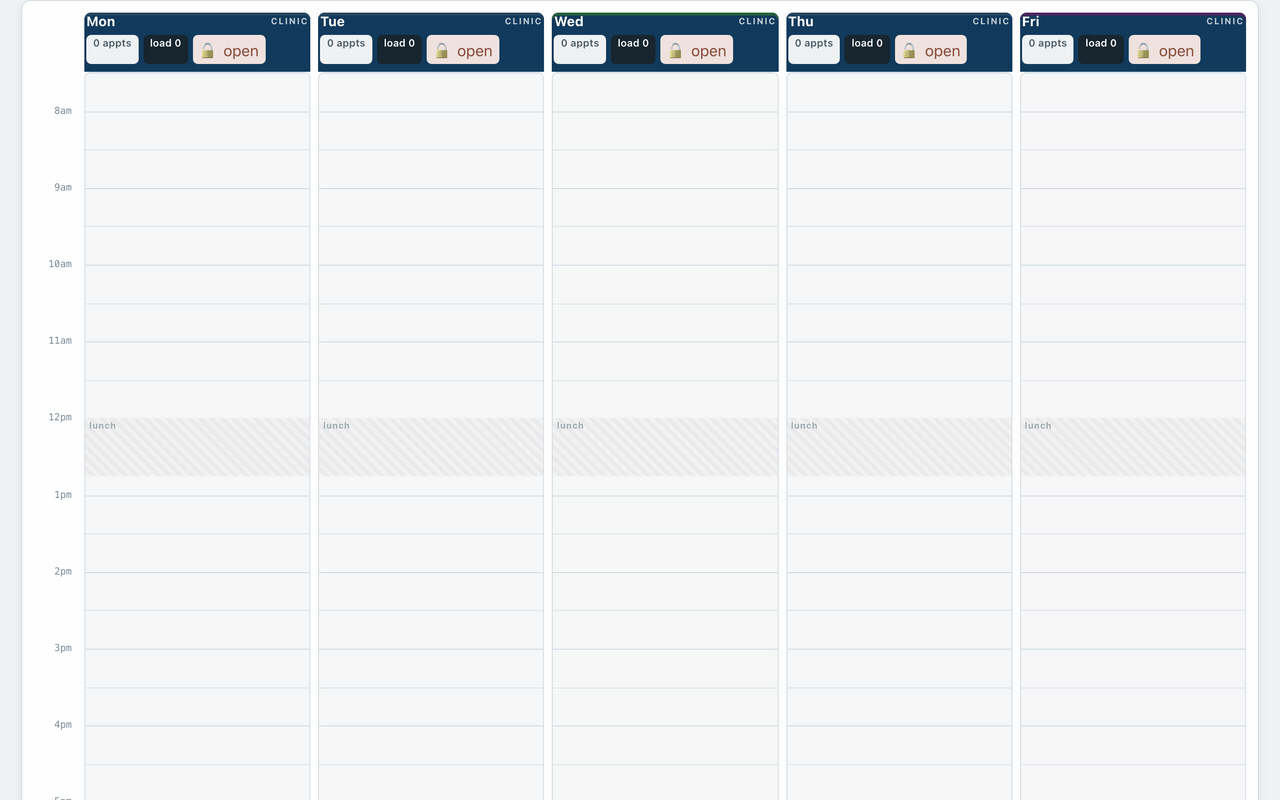 An empty five-day clinic week fills with a full, evenly spaced two-provider schedule after one click.